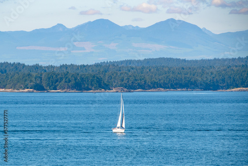 Sailboat Navigating Strait of Georgia Near Vancouver, British Columbia, Canada