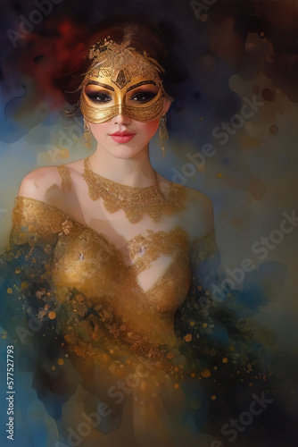 A partially nude young girl in golden robes with an unrecognizable face. A classic natural light acrylic portrait against a dark mottled background. Generative AI.