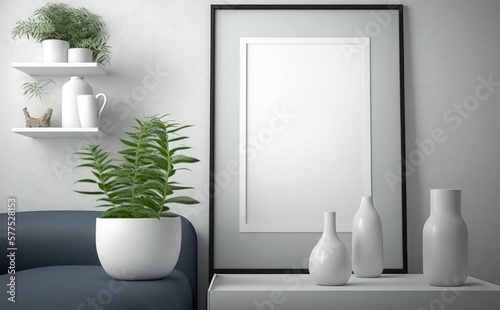 Empty picture frame mockup on a wall vertical frame mockup in modern minimalist interior with plant in trendy vase on wall background  Template for painting  photo or poster