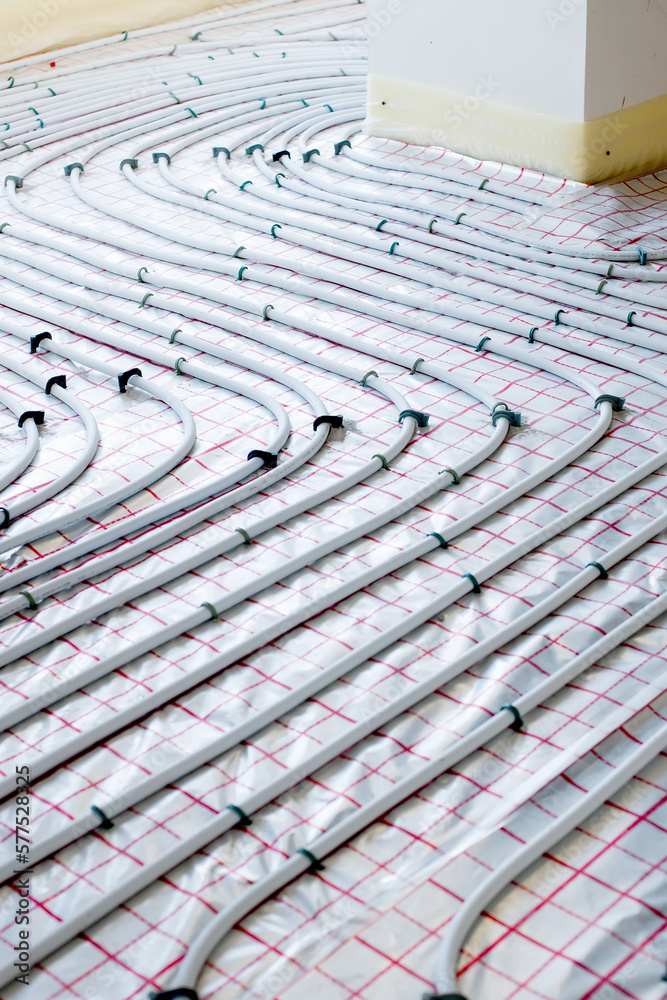 Installation of underfloor heating pipes for water heating. Heating systems. Pipes for underfloor heating. Installation of underfloor heating pipes for water heating. Heating systems. Pipes for underfloor heating.