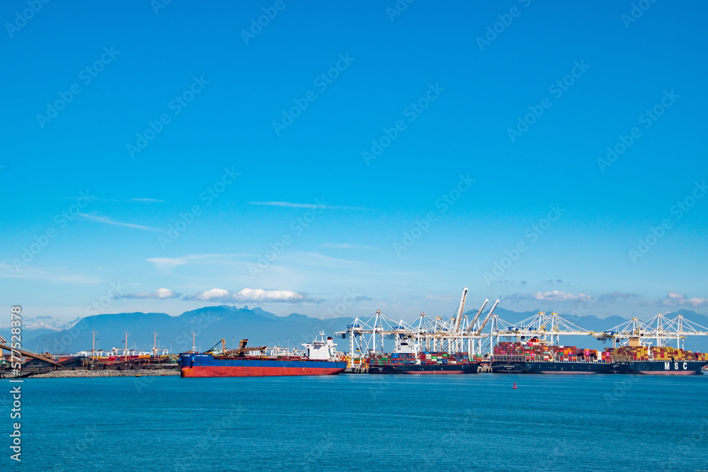 Large Freighter Ships on Sunny Summer Day in Port of Vancouver, British Columbia, Canada