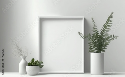 Blank picture frame mockup on a wall vertical frame mockup in modern minimalist interior with plant in trendy vase on wall background  Template for painting  photo or poster