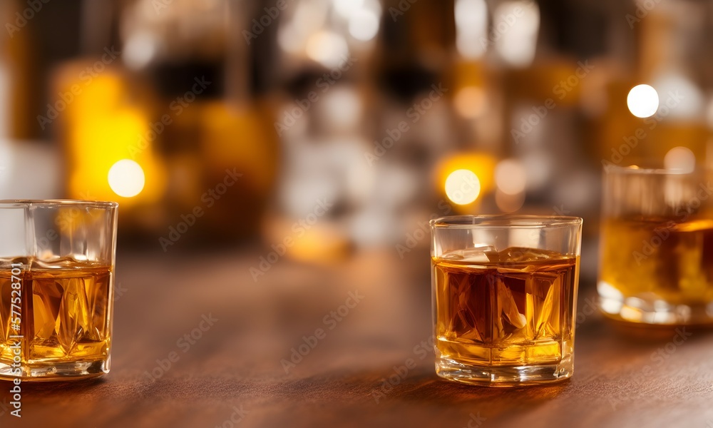 Bottle and glass of whiskey with ice on a wooden background. Glass of Scotch whiskey and ice sits on top of a rustic whiskey barrel. Whiskey with ice. Generative AI
