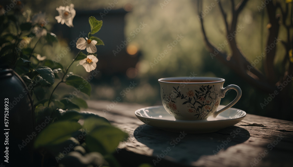 cup of tea coffee outside in the garden, nature, summer Generative AI, Generativ, KI cup of tea coffee outside in the garden, nature, summer Generative AI, Generativ, KI