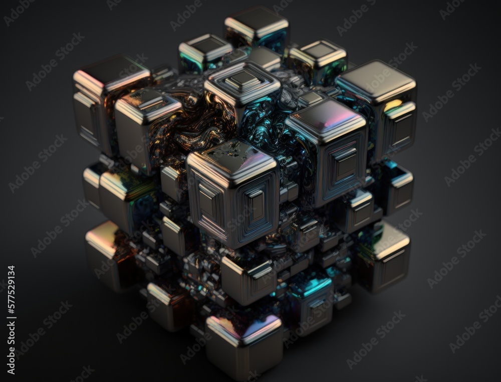 Colorful shiny rainbow Bismuth Gemstone cubes dark background created with Generative AI technology