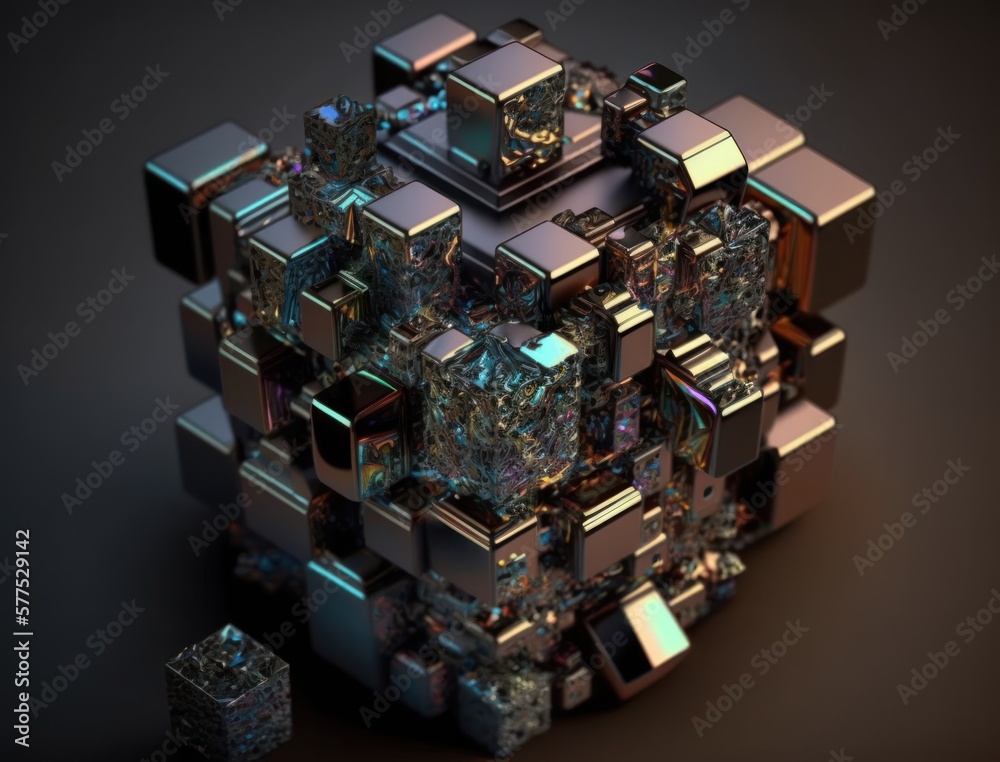 Colorful shiny rainbow Bismuth Gemstone cubes dark background created with Generative AI technology Colorful shiny rainbow Bismuth Gemstone cubes dark background created with Generative AI technology