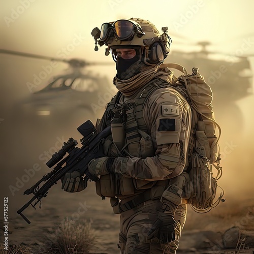 An elite soldier in front of a helicopter. Military conflict, soldier in full camouflage suit, dominance of green colors, high resolution, art, generative AI