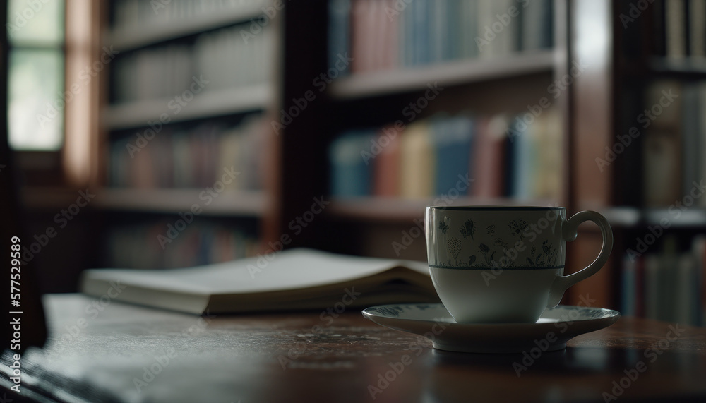 cup of tea coffee in the library, books Generative AI, Generativ, KI cup of tea coffee in the library, books Generative AI, Generativ, KI