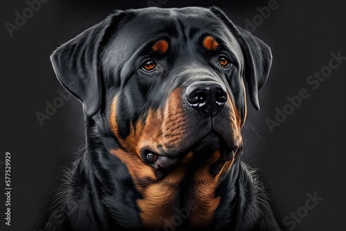 A portrait of a black Rottweiler dog, generative ai
