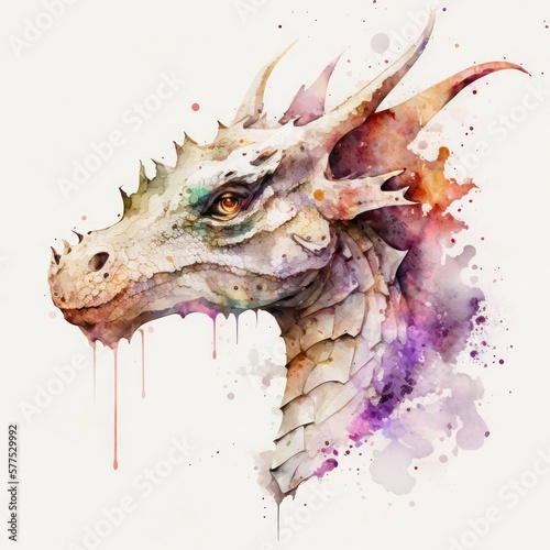 Watercolor painting of a pink dragon with paint splatters. Light pink dinosaur  pretty creature. Generative AI art.