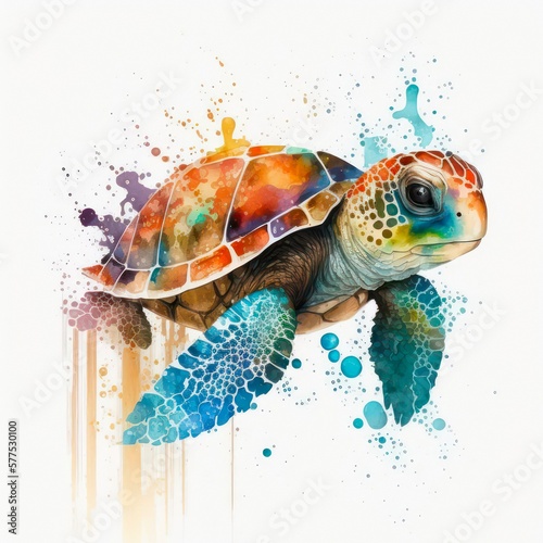 Watercolor illustration of a colorful turtle. Abstract drawing with paint splashes of a pretty turtle in aquarelle style. Generative AI art.