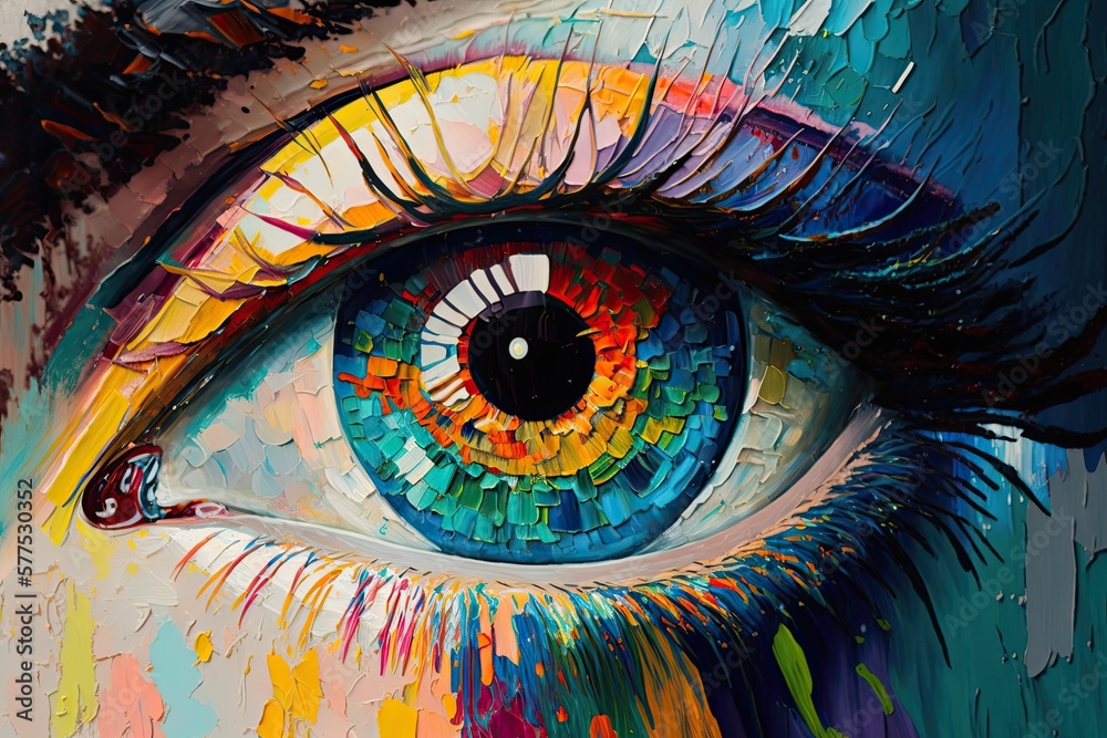 “Fluorite” - oil painting Conceptual abstract picture of the eye Oil painting in colorful colors Conceptual abstract closeup of an oil pai, background, illustration, generative ai