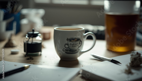 cup of tea coffee at the office table Generative AI, Generativ, KI