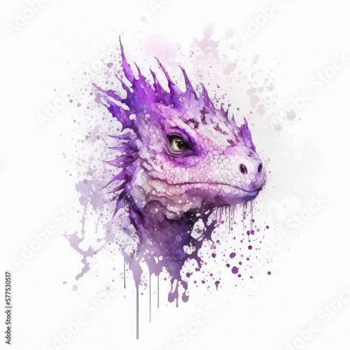 Watercolor painting of a violet dragon with paint splatters. Purple dinosaur, pretty creature. Generative AI art. photo