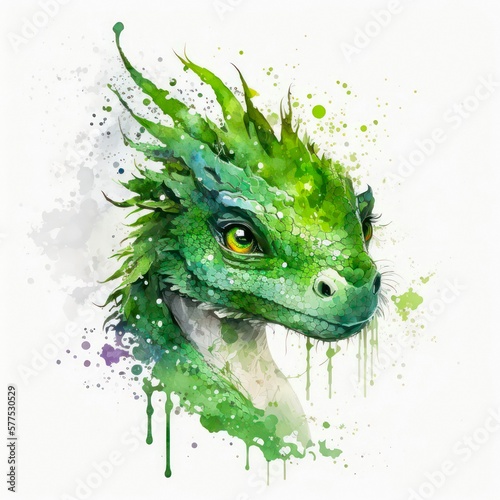 Watercolor painting of a green dragon with paint splatters. Green dinosaur  pretty creature. Generative AI art.