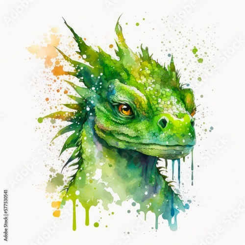 Watercolor painting of a green dragon with paint splatters. Green dinosaur, pretty creature. Generative AI art.