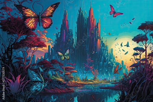 Towering metropolis in a futuristic world in middle of garden with birds and butterfly created with generative AI technology © DigitalParadise