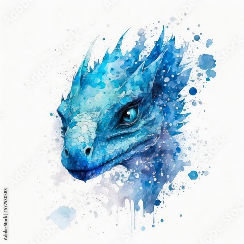 Watercolor painting of a blue dragon with paint splatters. Blue dinosaur, pretty creature. Generative AI art. photo