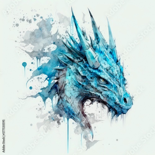 Watercolor painting of a blue dragon with paint splatters. Blue dinosaur  pretty creature. Generative AI art.