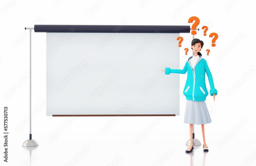 Young woman stays next to white screen, presenting information and looking to camera. 3D rendering illustration Young woman stays next to white screen, presenting information and looking to camera. 3D rendering illustration