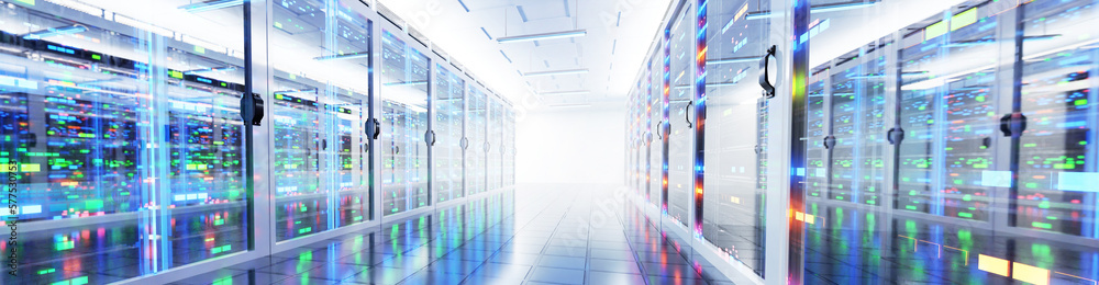 Wide panorama of Big Modern server room, data centre or mining farm interior with beautiful neon lights reflections. 3D rendering illustration Wide panorama of Big Modern server room, data centre or mining farm interior with beautiful neon lights reflections. 3D rendering illustration