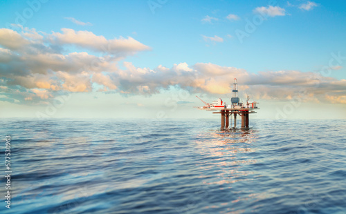 Fototapeta Naklejka Na Ścianę i Meble -  Oil platform in the sea at sunset. Oil mining concept 3D rendering illustration
