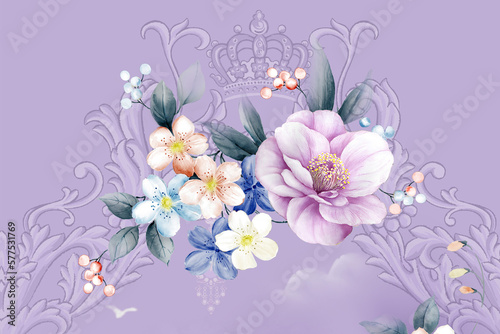 Fototapeta Naklejka Na Ścianę i Meble -  Watercolor flowers, roses, peonies, paisley
