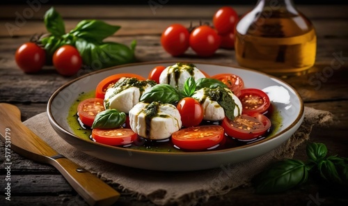  a plate of mozzarella  tomatoes  and basil.  generative ai