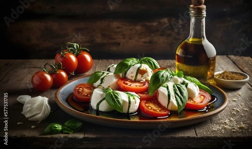  a plate of mozzarella and tomatoes with a bottle of olive oil. generative ai