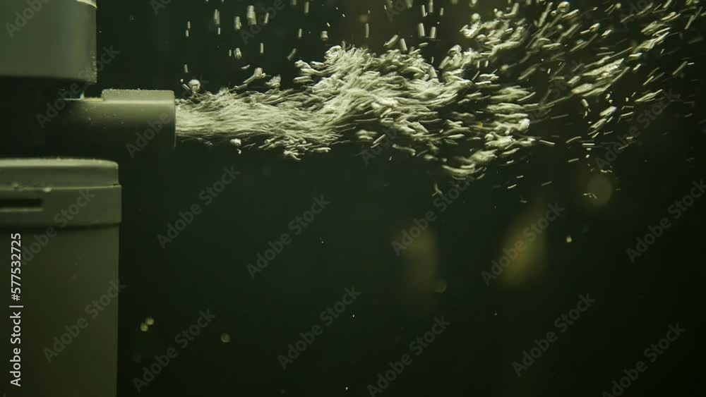 an underwater flow of many air bubbles rises up in the aquarium is released from an oxygen diffuser to enrich the water with air. Copy space, slow motion