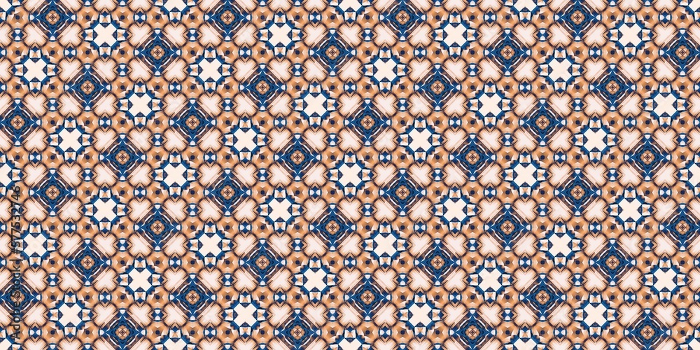  Blue white watercolor azulejo tile border background. Seamless coastal blur bleed geometrical floral mosaic effect banner. Ornamental arabesque summer fashion repeat edge trim.