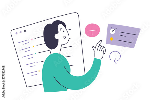 Woman uses a personal organizer application to schedule her day, arrange meetings, events, appointments and tasks to do, female character marks to-do list checkbox as done, flat vector illustration
