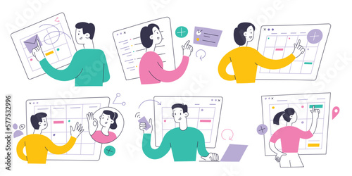 People use digital calendar, manage plans, tasks, and appointments, weekly scheduling, sync calendar on multiple devices, send invite, share tasks and to do lists, agenda app, flat vector illustration