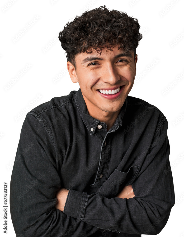 Young latin man laughs happily and has fun keeping hands on stomach. Young latin man laughs happily and has fun keeping hands on stomach.