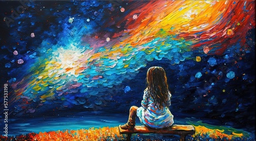 paint like illustration of a girl looking at dreamy rainbow sky, Generative Ai
