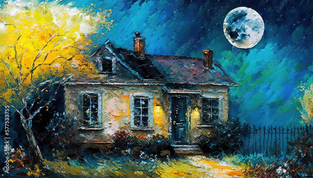 Obraz premium paint like illustration of house at night time, Generative Ai