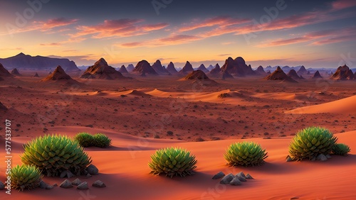 sunset in the desert, fantasy cartoon landscape. RPG background, digital painting style. Generative AI