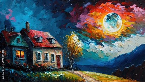 paint like illustration of beautiful rural house at night time, Generative Ai