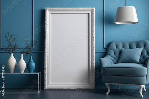 Blank picture frame mock up in blue room interior ,. Generative AI