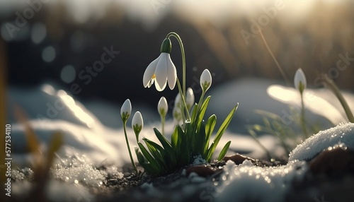 Snowdrop Flowers Emerging From Under the Snow in Spring, Concept of Nature's Awakening and Arrival of Spring, Generative AI