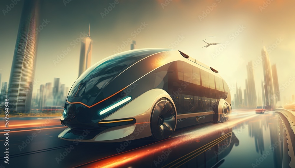 Naklejka premium hi-tech future car with light trail and speed blur cityscape background, Generative Ai