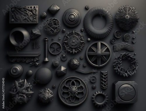 Abstract black geometric background Various shapes Flat lay created with Generative AI technology