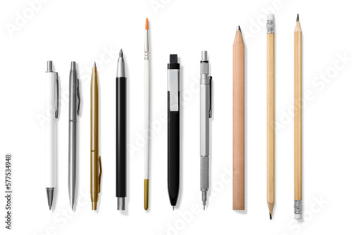 Collection of various pens, pencils, mechanical pencils, brushes and markers  isolated on a transparent background, PNG. High resolution.
