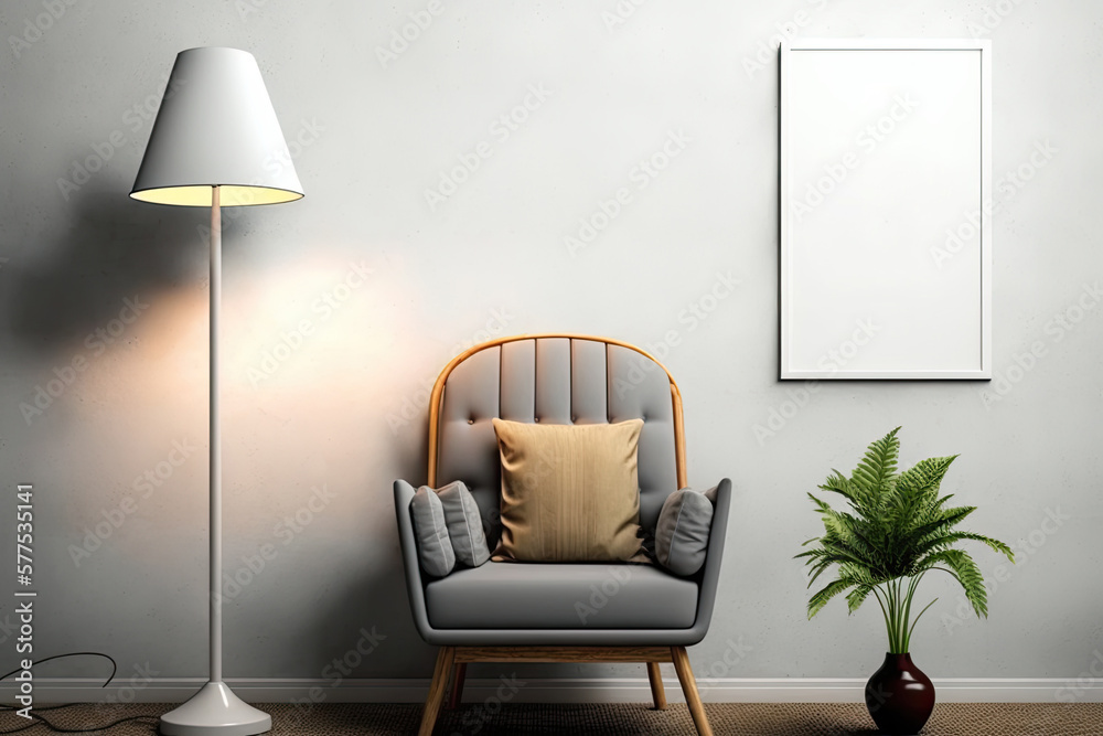 Mockup wall with empty wall, gray armchair, and floor lamp. illustration. Generative AI Mockup wall with empty wall, gray armchair, and floor lamp. illustration. Generative AI