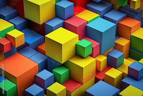 Abstract pattern made up of different sized cubes in bright primary colors created with generative AI technology