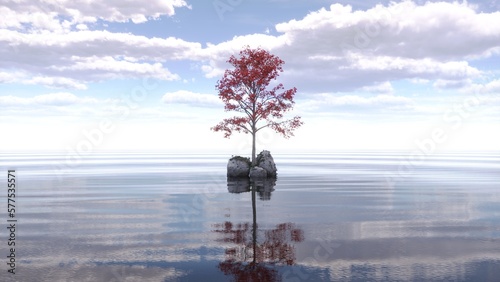 tree on an island in the middle of a lake. beautiful landscape, 3D illustration, cg render © vadim_fl