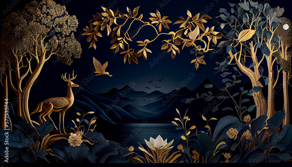 custom made wallpaper toronto digitalDark blue mural wallpaper from the contemporary era Christmas tree, mountain, deer, birds, and waves of gold on a dark blue backdrop. Generative AI