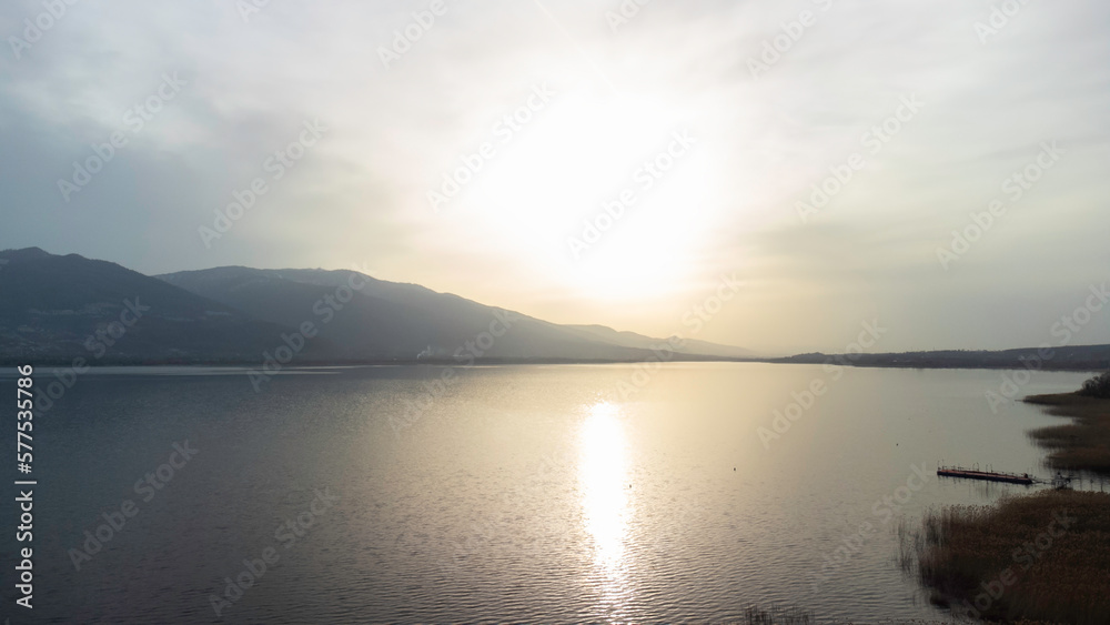 Fototapeta premium Lake Sapanca in Sakarya Turkey. Lake water level decreased due to drought. Aerial view of lake. Drone view Selective focus included. Noise and grain included.