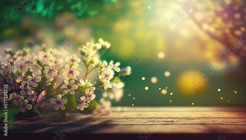 autumn leaves background, flower background , Spring Time - Blossoms On Wooden Table In Green Garden With Defocused Bokeh Lights And Flare Effect © Suraj