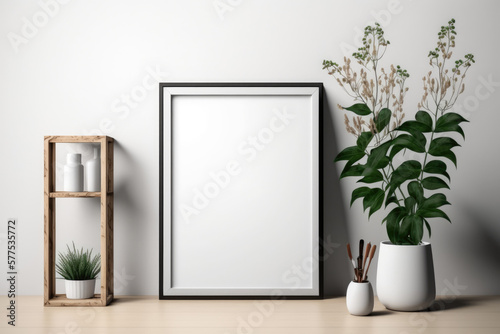 Wallpaper Mural Mockup of an interior poster with a vertical wooden frame on a white background. Generative AI Torontodigital.ca